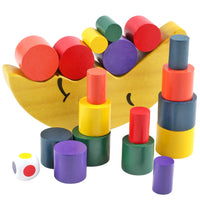 Wooden Moon Balancing Game with colorful blocks for kids' educational stacking, enhancing motor skills and hand-eye coordination.