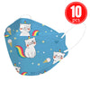 Kids KN95 mask with cartoon cat and rainbow print, eco-friendly and breathable, pack of 10 for comfortable protection.