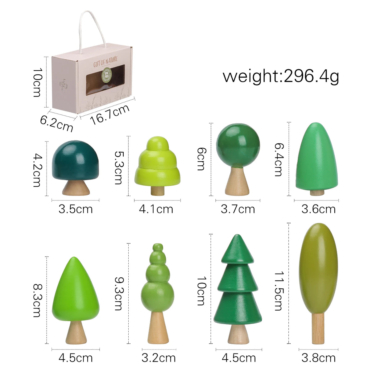 Wooden tree stacking toy pieces with various shapes and sizes, including packaging. Eco-friendly educational toy for kids.