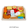 Wooden fruit and vegetable cutting toy set with tray, featuring vibrant food pieces and a wooden knife for imaginative play.