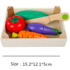 Wooden fruit and vegetable cutting toy set in box with tomato, carrot, eggplant, and knife, size 15.2x12.1x5cm