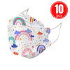 Kids KN95 masks with rainbow print, pack of 10, featuring 4-ply breathable design for safe and fun protection.