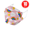 Pink KN95 kids mask with rainbow, cloud, and sun design, featuring 10 pieces for breathable and comfortable protection.