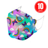 Colorful kids KN95 mask with rainbows, clouds, and butterflies print, pack of 10, breathable and lightweight design.