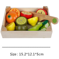 Wooden fruit and vegetable cutting toy set in a tray with a wooden knife, promoting imaginative play and motor skills development.