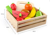 Wooden fruit and vegetable cutting toy set in wooden crate, featuring colorful and realistic play produce, ideal for kids' learning and fun.