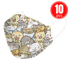 Kids KN95 mask with cute cartoon cat prints, eco-friendly, 4-ply breathable design, pack of 10 for comfortable everyday use.