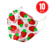 Kids KN95 mask pack of 10 with cute strawberry print, featuring breathable 4-ply protection for comfort and safety.