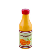 Wooden toy orange juice bottle with red cap, labeled "Orangensaft" from Montessori Magnetic Tool Kitchen Playset.