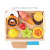 Wooden fruit and vegetable cutting toy set with multiple combination options, featuring donuts, ice cream, strawberry, and biscuit.