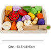 Wooden fruit and vegetable cutting toy set with knife on tray, enhancing fine motor skills and imaginative play for kids.