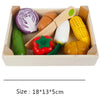 Wooden fruit and vegetable cutting toy set with knife, includes corn, cabbage, and more, promotes imaginative play and learning.