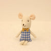 Adorable little mouse plush doll in blue checkered outfit and bow tie, perfect huggable toy for kids.