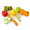 Wooden fruit and vegetable cutting toy set with knife and cutting board for imaginative play and skill development.