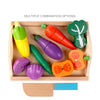 Wooden fruit and vegetable cutting toy set for kids with colorful pieces and knife, perfect for imaginative play and skill development.