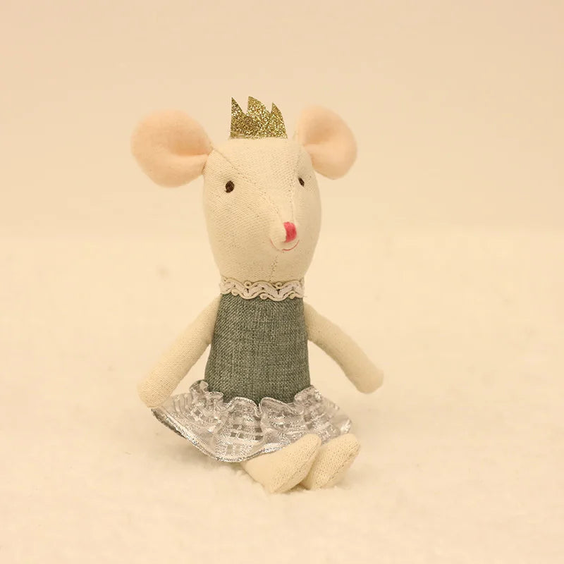 Little mouse plush doll with crown and lace dress, cute and soft for kids' play.