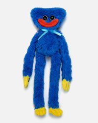 14-inch Huggy Wuggy Plush toy with Velcro hands and feet, blue fur, red smile, and designed for cuddling and interactive play.