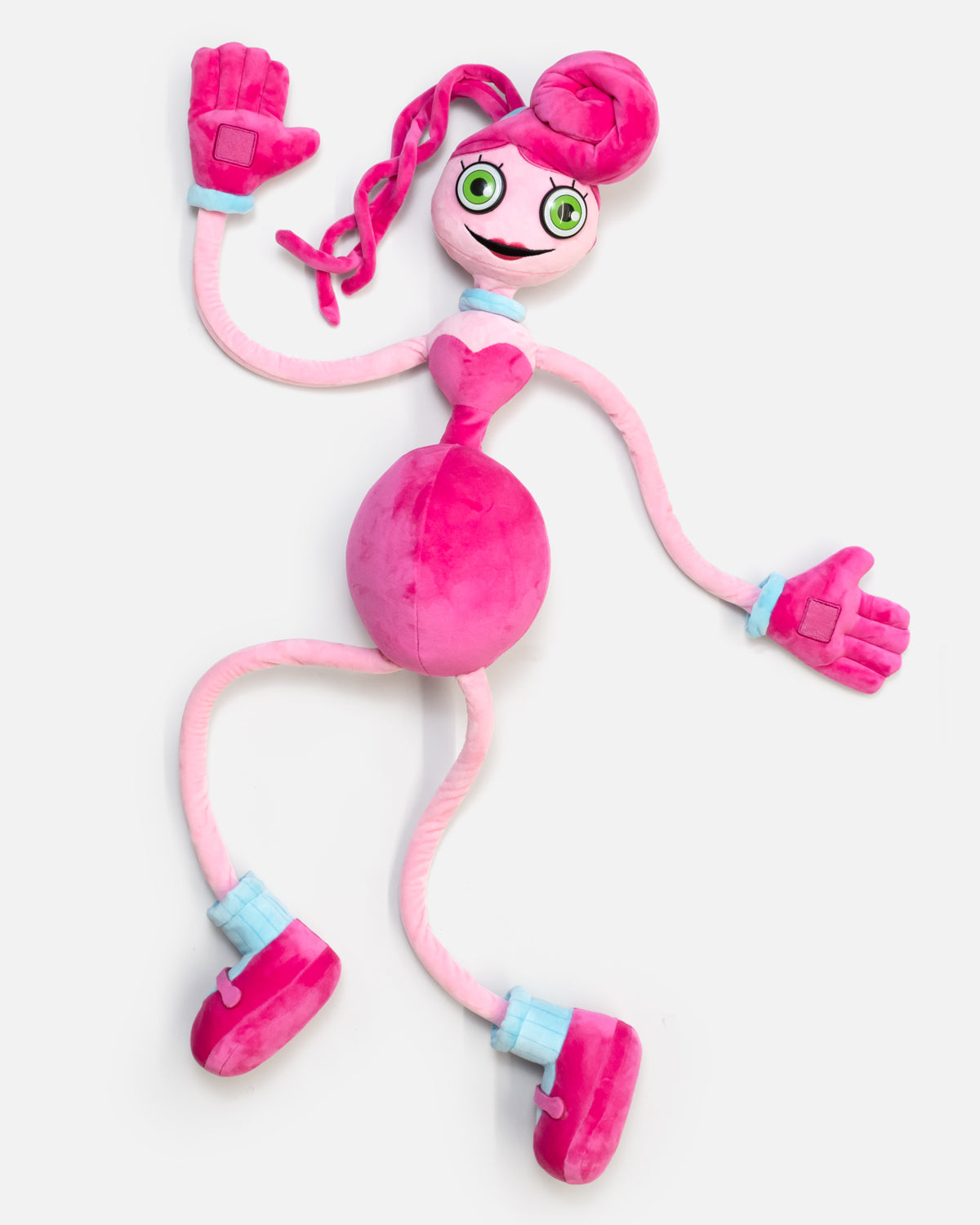 Mommy Long Legs plush with bendable arms and legs from Play The Game, shown with pink design and Velcro hands for easy posing.