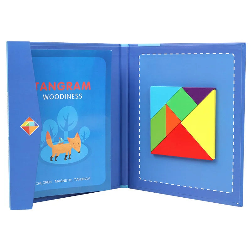 Kids Magnetic Puzzle Book with colorful tangram pieces for educational play. Perfect Montessori toy for creativity and learning.