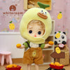 Mini piggy BJD doll in yellow duck costume with movable joints, holding small pumpkins, set in a playful nursery scene.