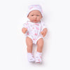 Lifelike 35cm 14-inch reborn baby doll with realistic design, dressed in a patterned outfit, perfect for role-playing and nurturing play.