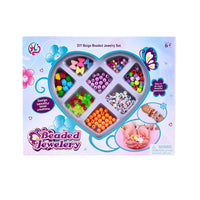 Kids DIY Bead Jewelry Making Kit with colorful beads and accessories for creating bracelets and necklaces in heart-shaped box.