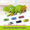 Green dinosaur carrier truck toy with six colorful alloy cars.