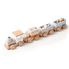 Wooden birthday train building blocks set with stackable Montessori educational toy for toddlers and babies.