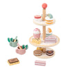 Wooden kids afternoon tea play set with tiered cake stand and colorful pretend desserts for imaginative role-playing fun.