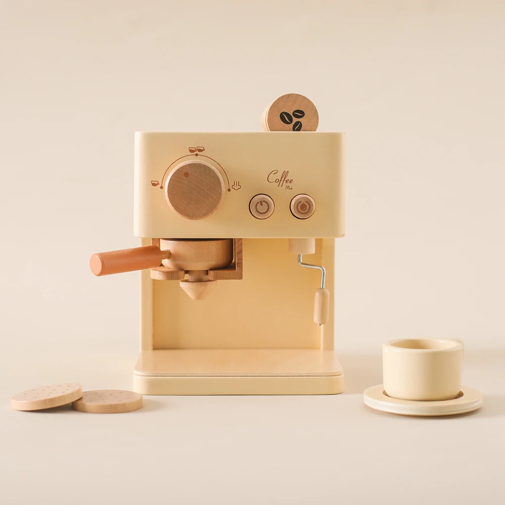 Wooden coffee machine toy for kids' Montessori kitchen playset.