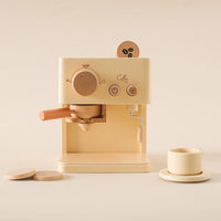 Wooden coffee machine toy for kids' Montessori kitchen playset.