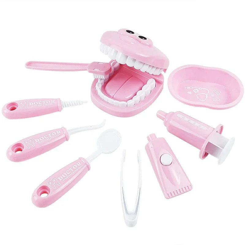 Montessori Dentist Play Set for kids, includes dental tools and smiling teeth model, promotes dental health education and creativity.