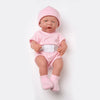 Lifelike 14-inch reborn baby doll in pink outfit with realistic features, made of soft silicone for nurturing play.