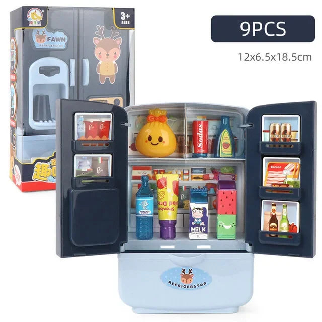 Mini toy fridge with open doors showing pretend food items, perfect for kids’ play kitchens, includes compartments for organization.