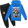 Roblox-themed cartoon leisure suit for kids with blue hoodie and black trousers featuring fun character prints.