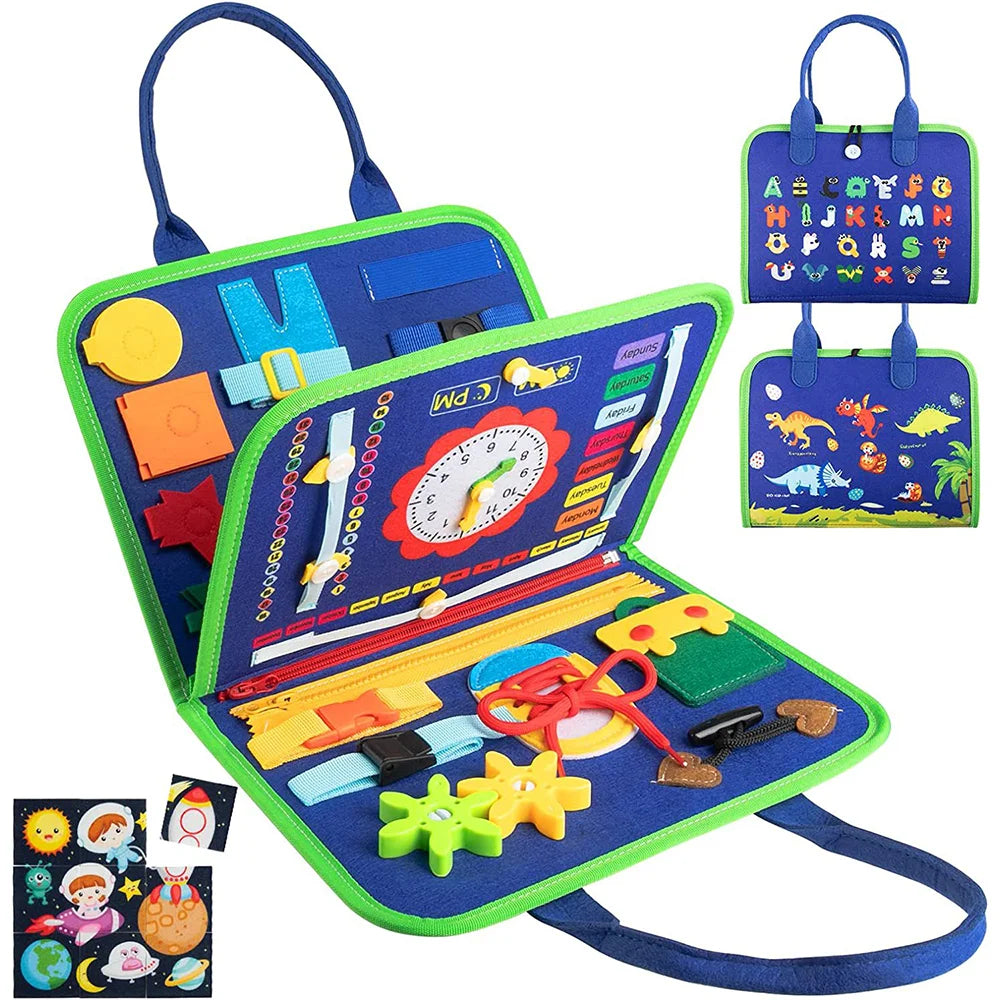 Montessori Busy Board Felt Cloth Book with interactive learning activities for toddlers, featuring zippers, buttons, and buckles.