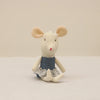 Cute little mouse plush doll with blue dress and flower detail, made with soft fabric; perfect for kids and safe for toddlers.