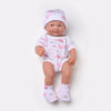 Lifelike 14-inch reborn baby doll in patterned outfit, realistic silicone skin, perfect for role-playing and nurturing play.