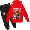 Roblox-themed kids' leisure suit with red sweater and black trousers, featuring cartoon characters.