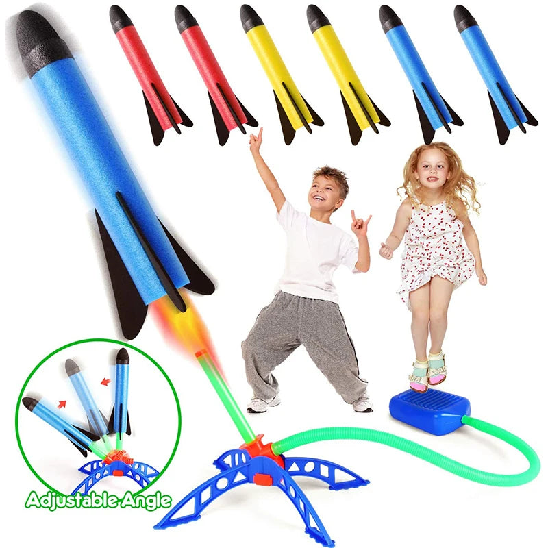 Kids playing with air rocket launcher toy, colorful foam rockets, fun outdoor game, STEM activity, foot pump launching action.