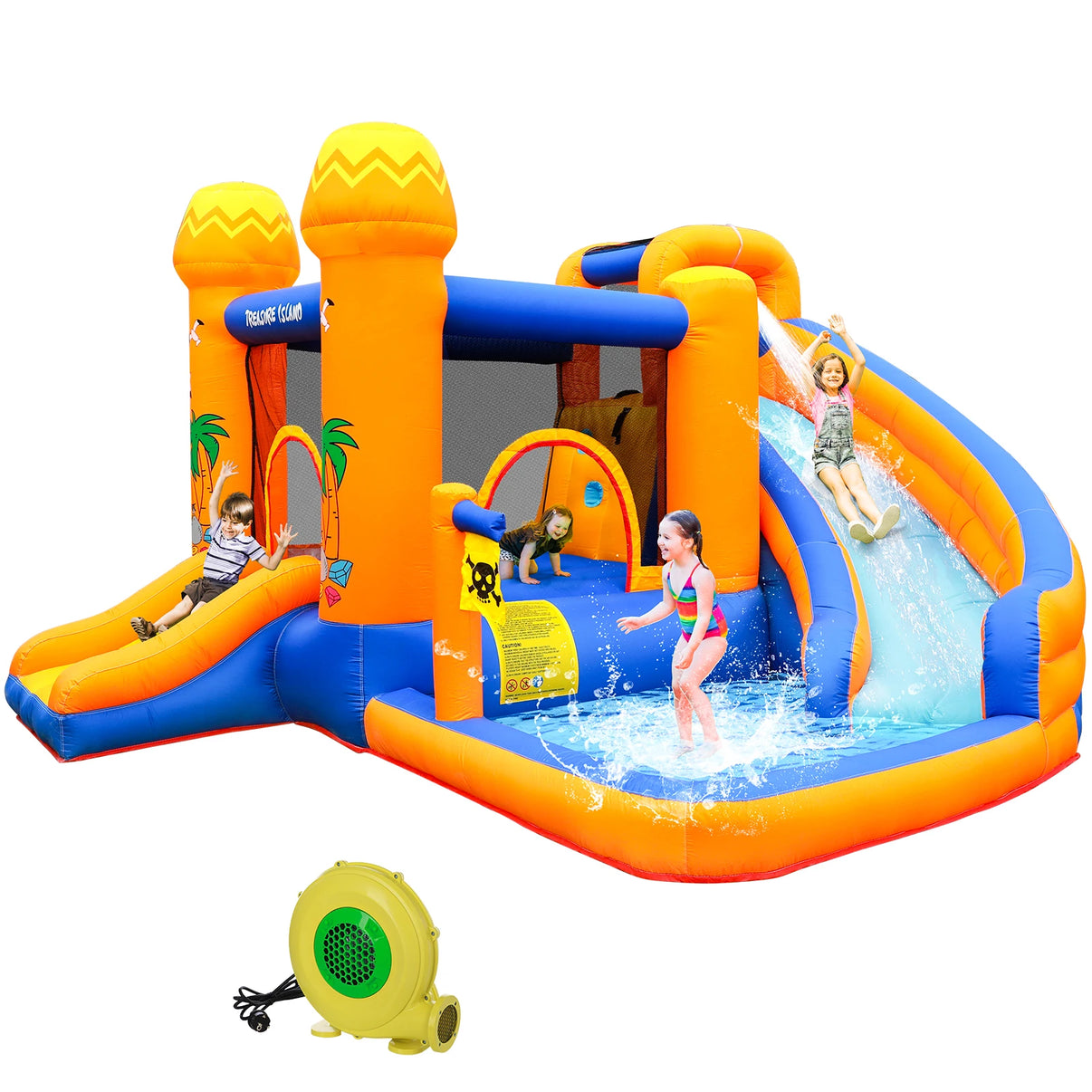 Kids enjoying inflatable bounce house with water slide and splash pool in backyard.