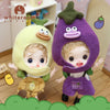 Cute mini piggy BJD dolls dressed as adorable eggplant and duck, showcasing their movable joints for lifelike poses.