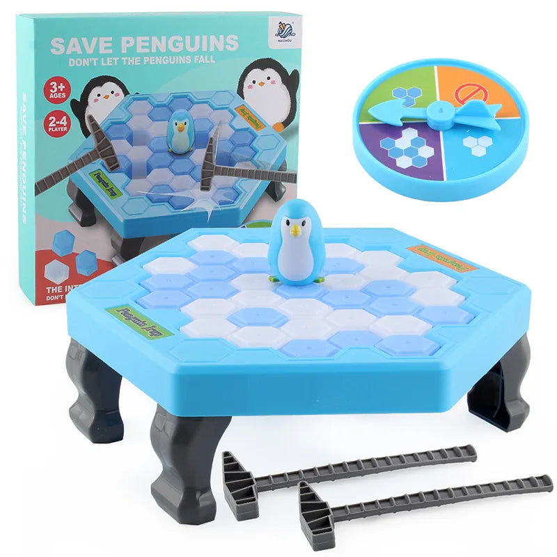 Penguin Ice Breaking Table Game with blue board, tools, and spinner for fun family puzzle play.