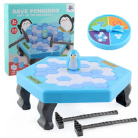 Penguin Ice Breaking Table Game with blue board, tools, and spinner for fun family puzzle play.