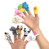 Colorful animal finger puppet toys on hands for interactive storytelling and imaginative play.