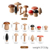 Assorted wooden mushroom figurines with dimensions and weights for educational stacking game, 11 pieces, 313.8g total.