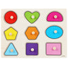 Montessori wooden puzzle with colorful geometric shapes for kids’ educational learning and play.