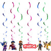 Roblox-themed hanging swirl decorations with game characters for birthday party decor set.