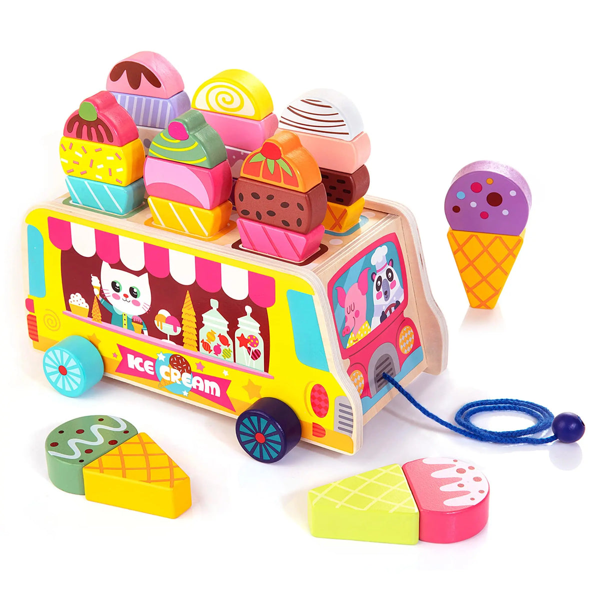 Wooden ice cream truck toy with colorful magnetic ice cream parts, perfect for imaginative play and developing motor skills in toddlers.