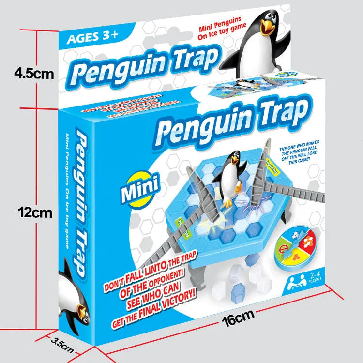 Penguin Ice Breaking Table Game box showing dimensions and illustration of the interactive puzzle toy for kids and families.